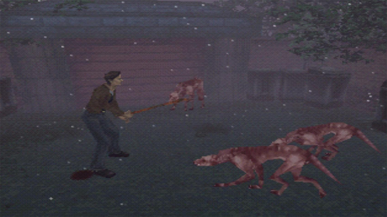 Silent Hill - Harry Mason rodeado de perros
