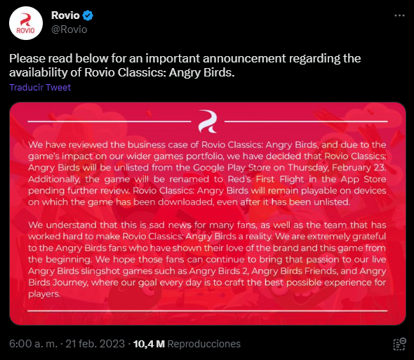 Tuit de Rovio anunciando el fin de Angry Brids Classic