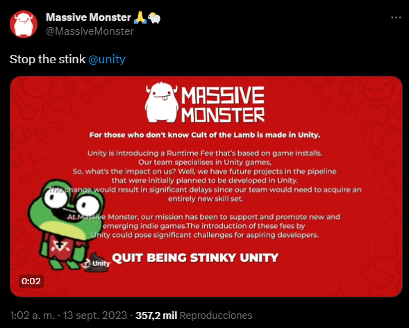 Massive Monster expresa su enojo con Unity